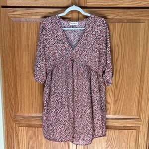 Floral V-Neck Empire Waist Dress - Red